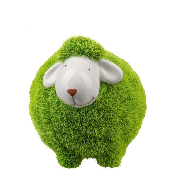 Deko-Schaf mit Gras-Fell Keramik Grün Weiß 11x12cm