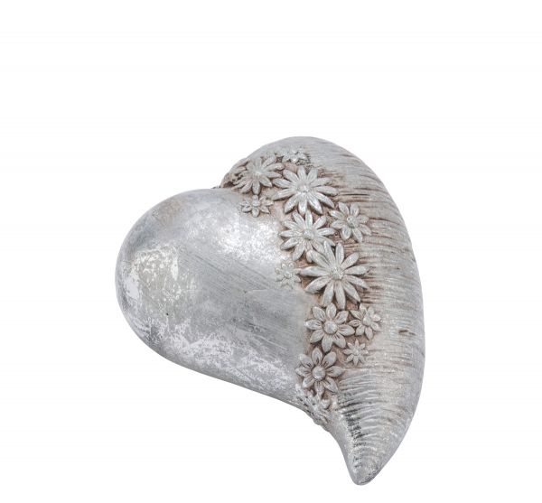 Deko-Herz Blüten-Relief Silber patiniert Vintage-Look Keramik 14cm