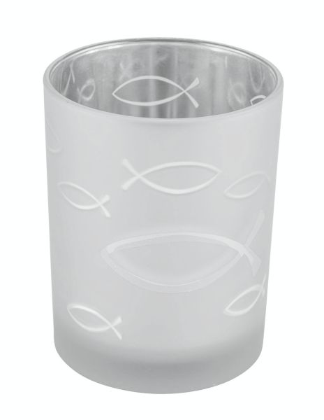 Glaswindlicht mit Fisch-Motiv klar satiniert Silber 10cm