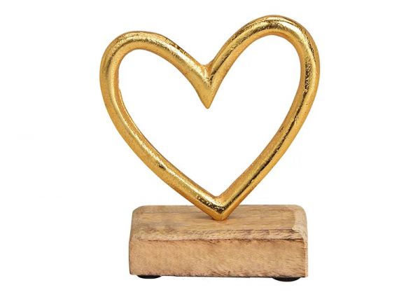 Metall-Herz offen Gold auf Mangoholz-Sockel 13cm