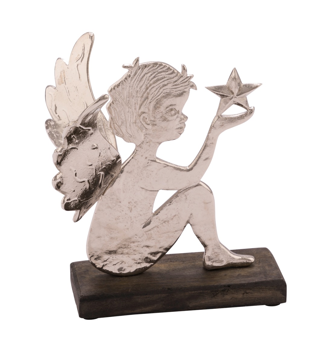 Deko-Engel mit Stern sitzend 14,5cm Holzsockel auf Alu Silber