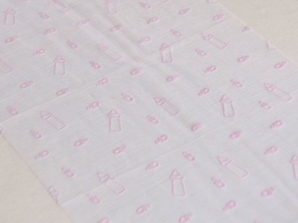 Organza-Tischband Weiß mit rosa Flockdruck Nuckelflaschen
