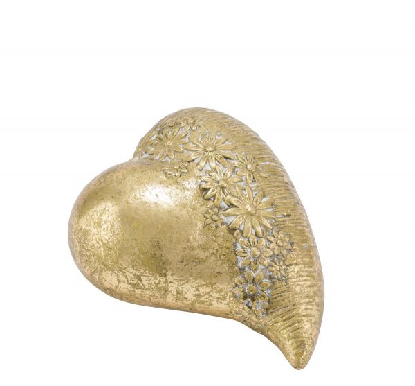 Deko-Herz Blüten-Relief  Gold patiniert Vintage-Look Keramik 14cm