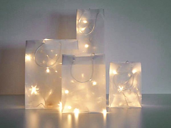 Deko Tasche aus 3D Stern Effekt Folie m. LED Lichtern Höhe 37 cm