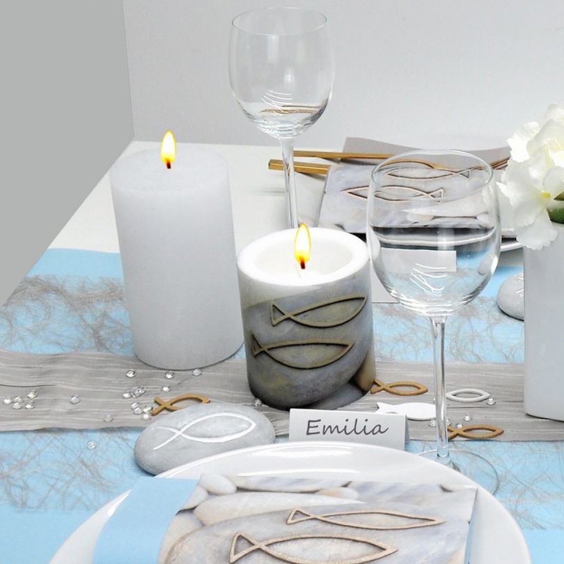 15er SET Kerze im Glas Tisch Deko Hochzeit Kommunion Schleife & Zweig 5 x 6,5cm 