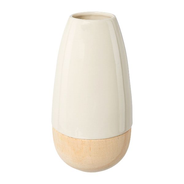 Keramikvase Weiß mit Holzpart Natur 20 cm