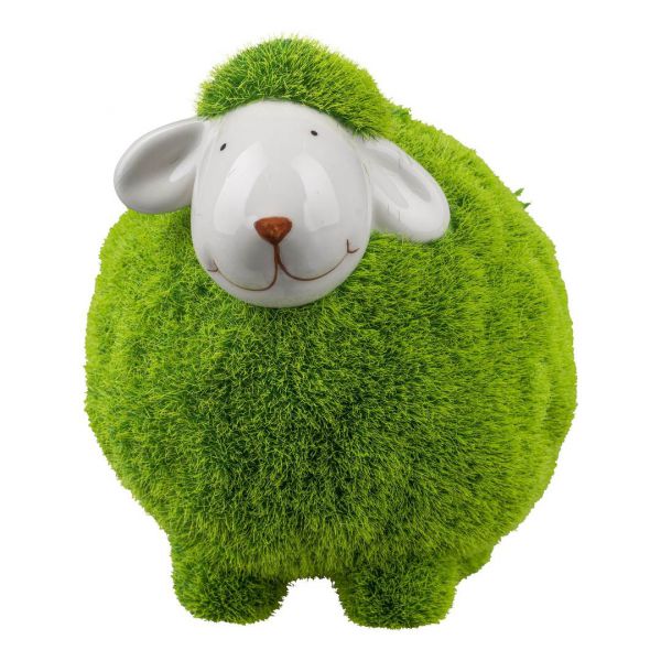 Deko-Schaf mit Gras-Fell Keramik Grün Weiß 14x15cm