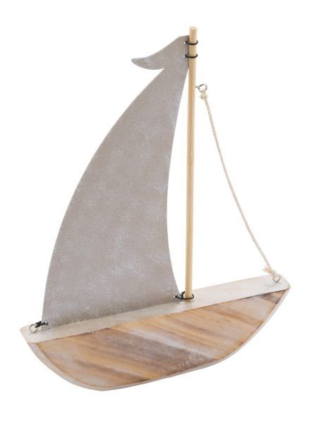 Holz-Segelboot mit Metallsegel Taupe / Natur geweißt 26cm