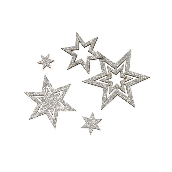 Streudeko Sterne Silber Glitter Holz 20-teilig