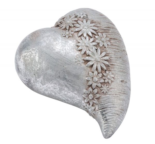 Deko-Herz Blüten-Relief Silber patiniert Vintage-Look Keramik 21cm