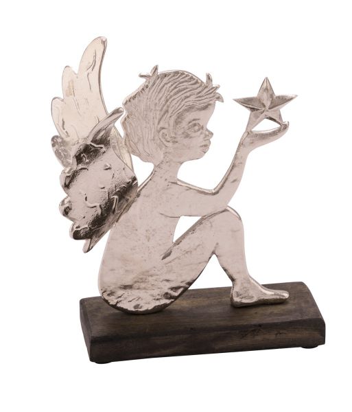 Deko-Engel mit Stern sitzend Alu Silber auf Holzsockel 14,5cm