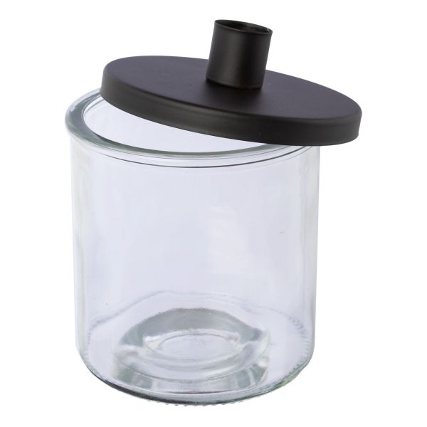 Deko-Glas mit schwarzem Metalldeckel mit Kerzenhalter 12cm offen