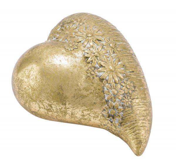 Deko-Herz Blüten-Relief Gold patiniert Vintage-Look Keramik 21cm