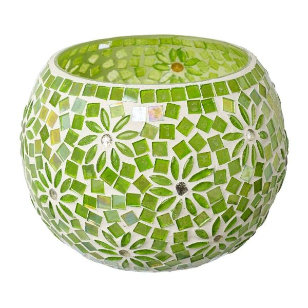 Glas Windlicht Mosaik FRESH FLORAL Grün rund 14cm