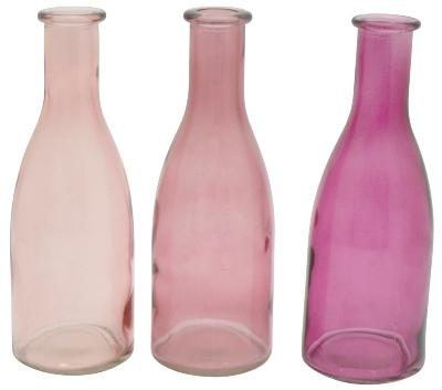 Glas-Vase Flasche rosa/fuchsia 3er Set 18cm - Gartentisch dekorieren