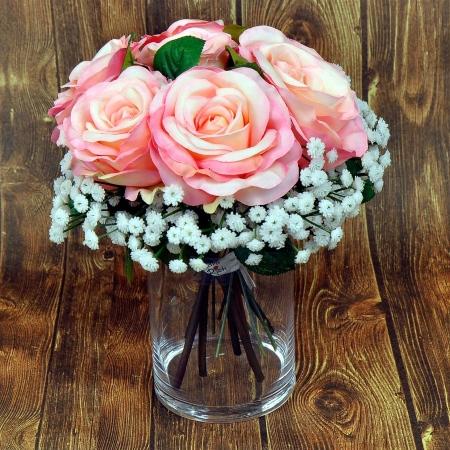 Seiden-Rosen-Strauß in Rosa mit Schleierkraut - Muttertagsgeschenke