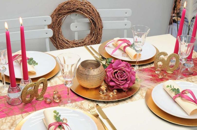 Tischdekoration zur Diamantenen Hochzeit in Gold Fuchsia - Diamanthochzeit 