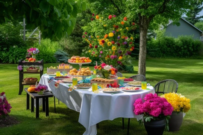 Garten mit reich dekoriertem und angerichtetetm Tisch - Konzepte für die Pfingstdeko