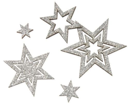 Streudeko Sterne Silber Glitter Holz 20-teilig - Deko zum Adventsfrühstück