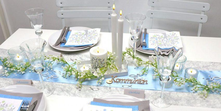 Tischdekoration-Kommunion-Konfirmation-Baum-Grau-Blau - Kaffeetafel zur Kommunion